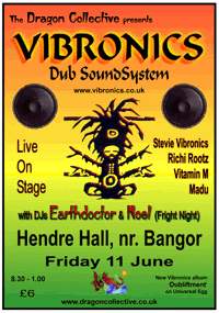 flier for our dub night at Hendre Hall on 11 June 2004, with Vibronics playing live